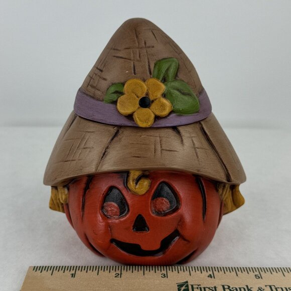 Vintage Ceramic Pumpkin Jar With Scarecrow Hat Lid Harvest Jack-O-Lantern 5.5" - Picture 10 of 11